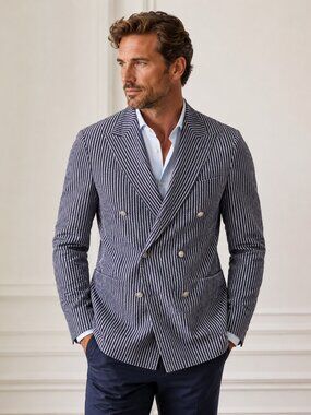 Tagliatore IT 50 Blue/Black/Grey Seersucker Double Breasted Blazer